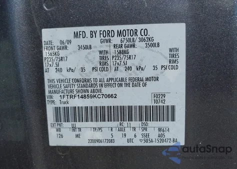 2009 Ford F-150 Stx/Xl/Xlt из США, поврежденный, VIN 1FTRF14859KC70662